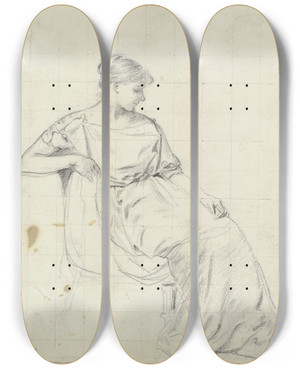Triptych art skateboard deck of Otto Scholderer Sitzende Aus Der Vorbereitung Zum Kostmball_2 by Otto Scholderer (1834-1902)