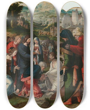 Triptych art skateboard deck of Aertgen Claesz Van Leyden The Raising Of Lazarus_1 by Aertgen Claesz Van Leyden (1498-1564)