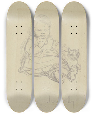 Triptych art skateboard deck of Wilhelm Amandus Beer Sitzendes Kind Mit Spielzeug Und Katze by Wilhelm Amandus Beer (1837-1907)