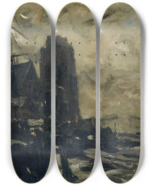 Triptych art skateboard deck of Jacob Maris Dordrecht Bij Avond by Jacob Maris (1837-1899)