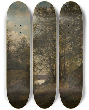 Triptych art skateboard deck of Amaldus Nielsen Ulvegjelskogen Mandal_1 by Amaldus Nielsen (1838-1932)