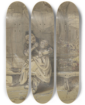 Triptych art skateboard deck of Jakob Frchtegott Dielmann Frau Im Freien Ein Kleines Kind Ftternd by Jakob Furchtegott Dielmann (1809-1885)