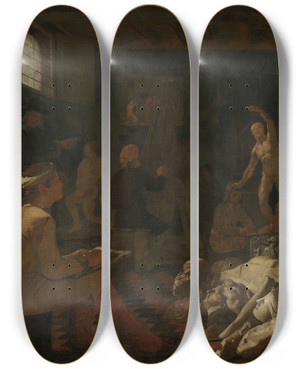Triptych art skateboard deck of Michael Sweerts A Painters Studio by Michael Sweerts (1618-1664)