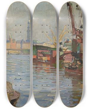 Triptych art skateboard deck of Carl Moll Der Hamburger Hafen by Carl Moll (1861-1945)