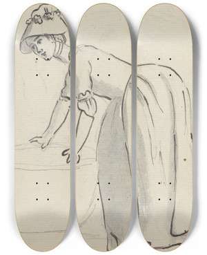 Triptych art skateboard deck of Paul Sandby Girl With A Bonnet At Work Recto by Paul Sandby (1731-1809)