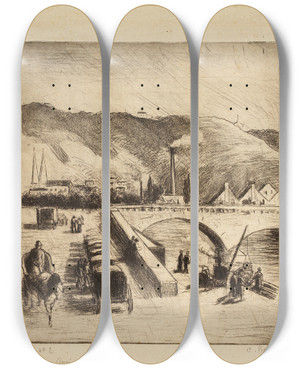 Triptych art skateboard deck of Camille Pissarro Quai De Paris A Rouen by Camille Pissarro (1830-1903)