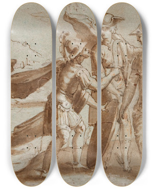 Triptych art skateboard deck of Domenico Cresti Mars Mercury And Minerva by Domenico Cresti (1559-1638)