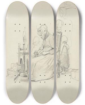 Triptych art skateboard deck of Jakob Frchtegott Dielmann Eine Alte Frau Am Spinnrad Im Profil Nach Links Hinter Ihr Ein Kind by Jakob Furchtegott Dielmann (1809-1885)
