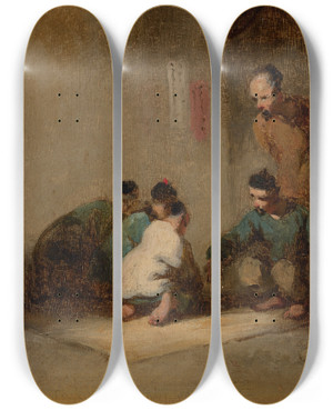 Triptych art skateboard deck of George Chinnery A Street Scene In Macau With Five Men Gambling by George Chinnery (1774-1852)