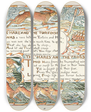 Triptych art skateboard deck of Walter Crane The Hare And The Tortoise The Hares And The Frogs by Walter Crane (1845-1915)