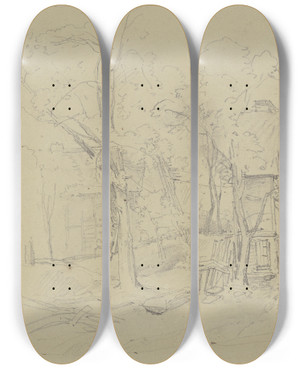 Triptych art skateboard deck of Jakob Becker Section Of A Farmstead by Jakob Becker (1810-1872)
