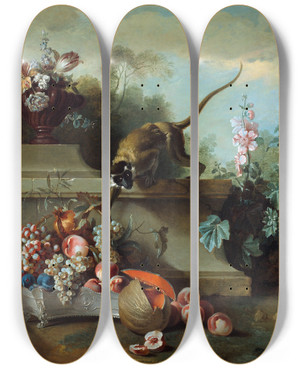 Triptych art skateboard deck of Jeanbaptiste Oudry Still Life With Monkey Fruits And Flowers by Jean-Baptiste Oudry (1686-1755)