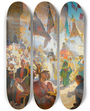 Triptych art skateboard deck of Ludwig Deutsch The Procession Of The Mahmal Through The Streets Of Cairo by Ludwig Deutsch (1855-1935)