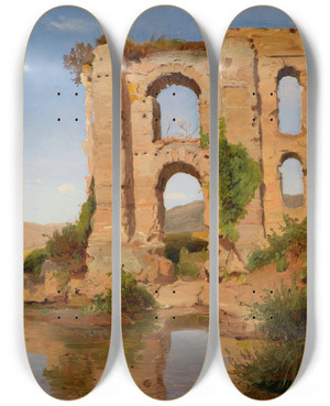Triptych art skateboard deck of Anders Christian Lunde The Ruins Of The Aqueduct Aniene Nuovo Near Tivoli by Anders Christian Lunde (1809-1886)