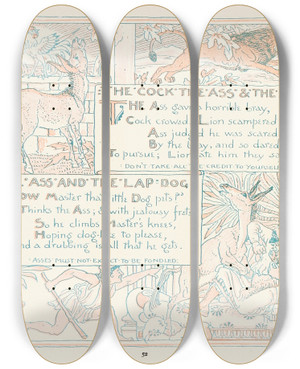Triptych art skateboard deck of Walter Crane The Cock The Ass And The Lion The Ass And The Lapdog by Walter Crane (1845-1915)