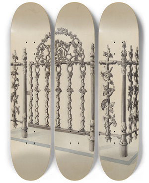 Triptych art skateboard deck of Lucien Verbeke Cast Iron Gate And Fence by Lucien Verbeke