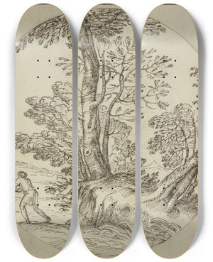 Triptych art skateboard deck of Giovanni Francesco Grimaldi Baumpartie Am Wasser Ein Mann Nach Links by Giovanni Francesco Grimaldi (1606-1680)