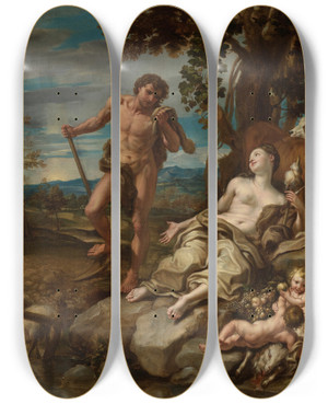 Triptych art skateboard deck of Lorenzo De Ferrari Adam And Eve With The Infants Cain And Abel by Lorenzo De Ferrari (1680-1744)