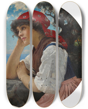 Triptych art skateboard deck of Charles Sprague Pearce The Red Kerchief by Charles Sprague Pearce (1851-1914)