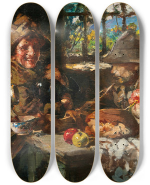 Triptych art skateboard deck of Vincenzo Irolli In The Tavern by Vincenzo Irolli (1860-1949)