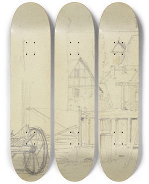 Triptych art skateboard deck of Jakob Becker Farm_1 by Jakob Becker (1810-1872)