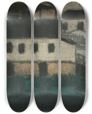 Triptych art skateboard deck of Alvar Cawn Houses On The Beach by Alvar Cawen (1886-1935)