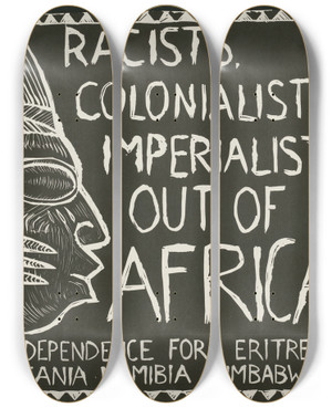 Triptych art skateboard deck of Rachael Romero Racists Colonists Imperialists Out Of Africa by Rachael Romero (1953)