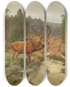 Triptych art skateboard deck of Christoffer Drathmann Ein Hirsch Auf Der Waldlichtung by Christoffer Drathmann (1856-1932)