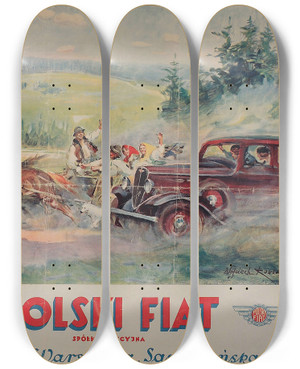 Triptych art skateboard deck of Wojciech Kossak Polski Fiat Spka Akcyjna Centrala Warszawa Sapieyska 6 by Wojciech Kossak (1857-1942)