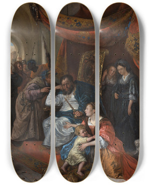 Triptych art skateboard deck of Jan Steen Moses And Pharaohs Crown by Jan Steen (1626-1679)