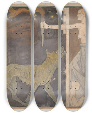 Triptych art skateboard deck of Richard Nicolas Roland Holst Vrouw Met Een Fakkel Een Kind En Een Wolf by Richard Nicolaus Roland Holst (1868-1938)