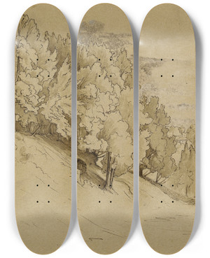 Triptych art skateboard deck of Jeanachille Benouville Paysage Vallonn Avec Constructions by Jean-Achille Benouville (1815-1891)