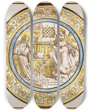 Triptych art skateboard deck of Prosper Lafaye Annonciation Projet De Vitrail by Prosper Lafaye (1806-1883)