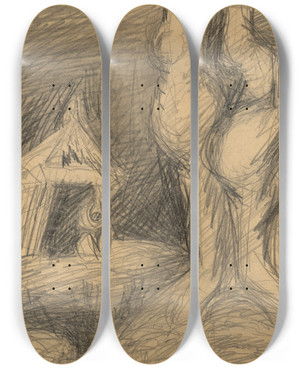 Triptych art skateboard deck of Jn Novk Old Woman Sitting In Front Of A Cottage by Jan Novak (1921-1944)