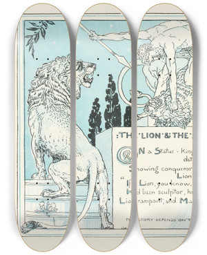 Triptych art skateboard deck of Walter Crane The Lion And The Statue by Walter Crane (1845-1915)
