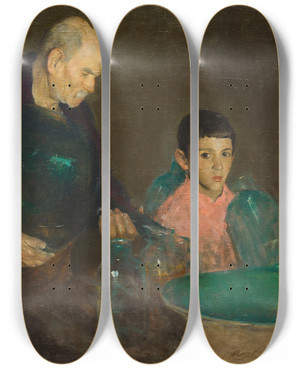 Triptych art skateboard deck of Charles Webster Hawthorne Refining Oil by Charles Webster Hawthorne (1872-1930)
