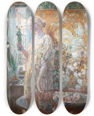 Triptych art skateboard deck of Childe Hassam Tanagra The Builders New York by Childe Hassam (1859-1935)