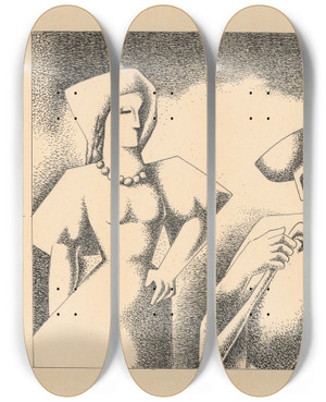 Triptych art skateboard deck of Mikul Galanda Bagpiper by Mikulas Galanda (1895-1938)