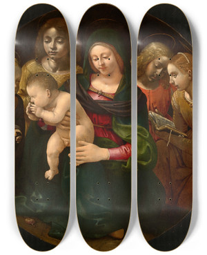 Triptych art skateboard deck of Piero Di Cosimo Virgin And Child With The Young Saint John The Baptist Saint Cecilia And Angels by Piero di Cosimo (1462-1521) Triptych art skateboard deck of Piero Di Cosimo Virgin And Child With The Young Saint John The Baptist Saint Cecilia And Angels by Piero di Cosimo (1462-1521)
