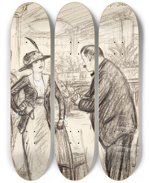 Triptych art skateboard deck of William James Glackens Couple At A Caf by William James Glackens (1870-1938)