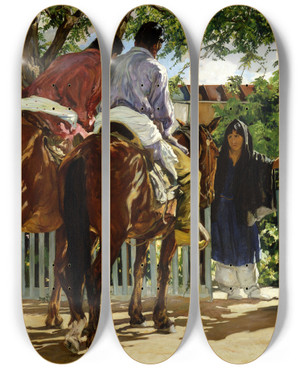 Triptych art skateboard deck of Walter Ufer Callers by Walter Ufer (1876-1936)