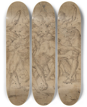 Triptych art skateboard deck of Girolamo Genga Battle Scene_2 by Girolamo Genga (1476-1551)