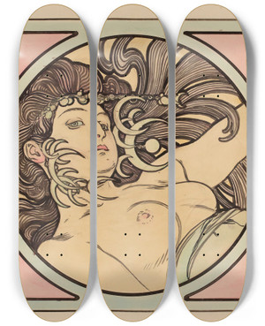 Triptych art skateboard deck of Alphonse Mucha Vitrail Pour La Faade De La Boutique Fouquet_4 by Alphonse Mucha (1860-1939)