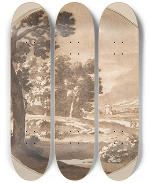 Triptych art skateboard deck of Jacob Van Der Ulft Wooded Landscape With Figures On A Road by Jacob van der Ulft (1627-1689)