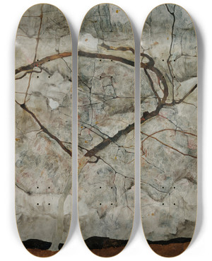 Triptych art skateboard deck of Egon Schiele Autumn Tree In Stirred Air Winter Tree by Egon Schiele (1890-1918)