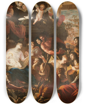 Triptych art skateboard deck of Lorenzo De Ferrari Adoration Of The Shepherds by Lorenzo De Ferrari (1680-1744)