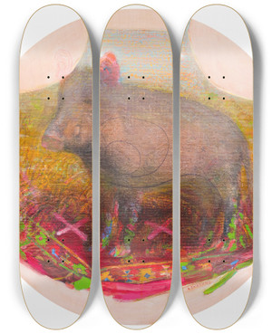 Triptych art skateboard deck of Tiit Psuke Roosa Krvaga Mrklaud by Tiit Paasuke (1941)