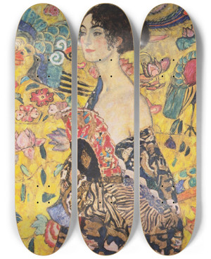 Triptych art skateboard deck of Gustav Klimt Woman With Fan by Gustav Klimt (1862-1918)