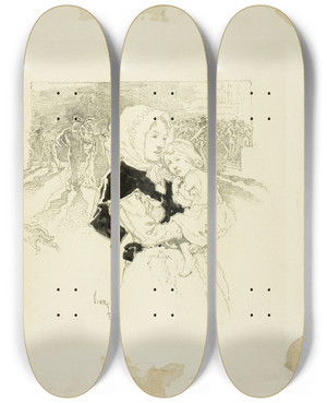 Triptych art skateboard deck of Daniel Urrabieta Vierge Woman And Child by Daniel Urrabieta Vierge (1851-1904)