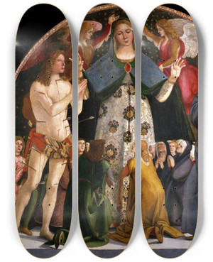 Triptych art skateboard deck of Luca Signorelli Madonna Of Mercy And Saints Sebastian And Bernardino Da Siena by Luca Signorelli (1470-1523)